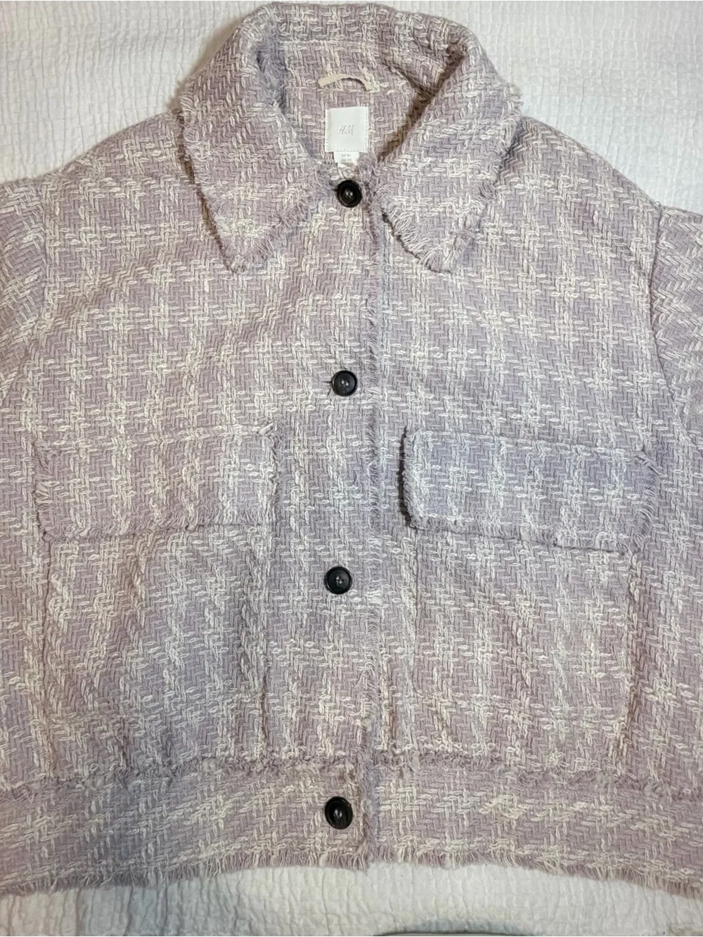 H&M Jacket Mauve Bouclé Fringe Button Front Collared Coatigan - Picture 3 of 14